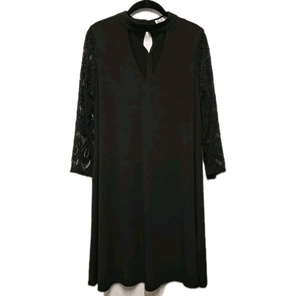 Eliza J Swing Mini Dress Womens 12 Black Jersey Lace Sleeve High Neck Cutout